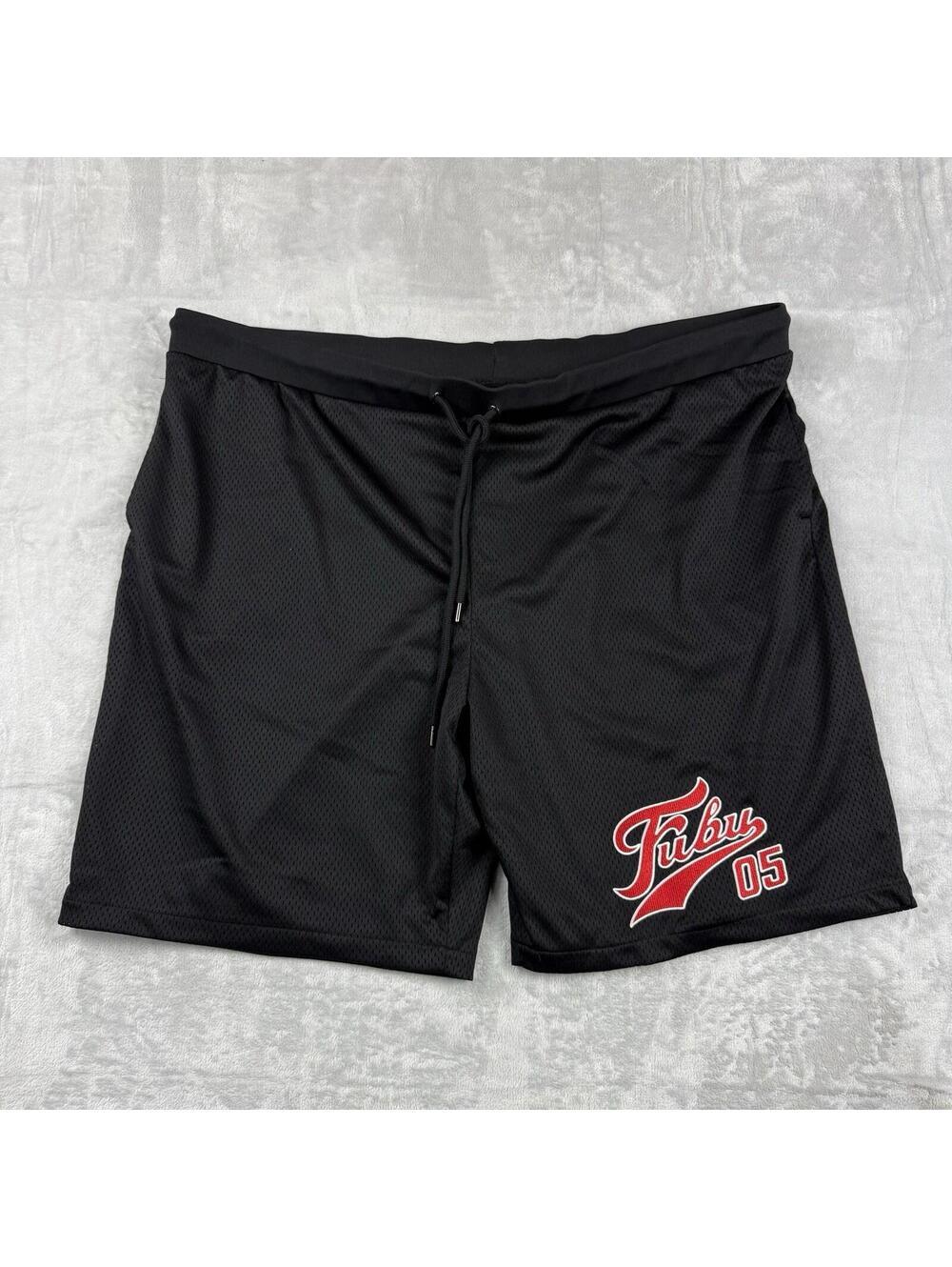 Y2K FUBU Mesh Basketball Shorts Black Red Logo 4XL Streetwear Hippop Baggy 2000s